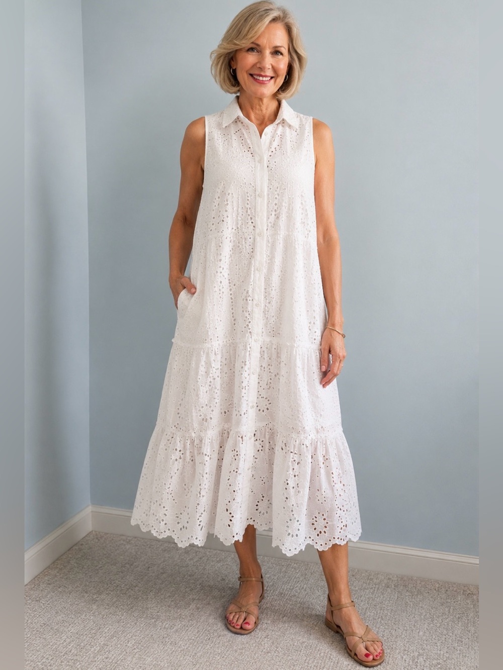 Valentina Naldi Women Eyelet Sleeveless Button Down White Cotton Lined Dress 1X